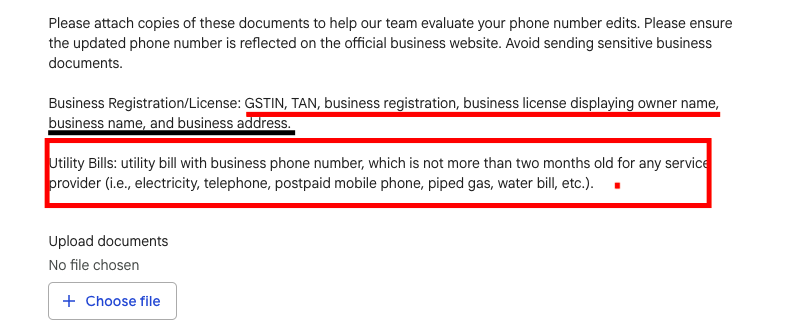 Google Business Profile number verification documents required
