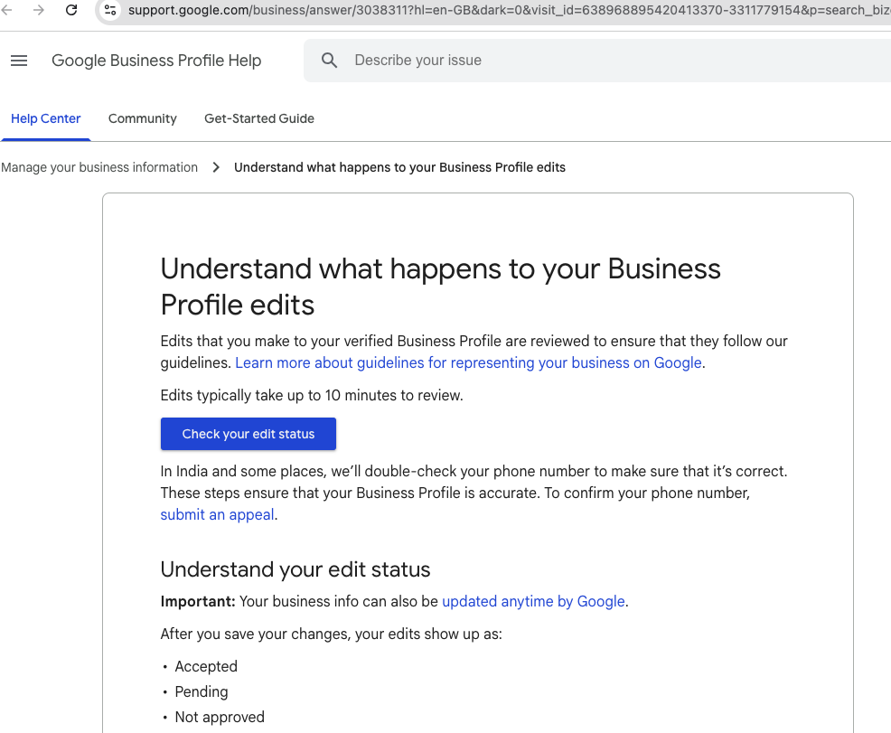 Google Business Profile check your edit status screen