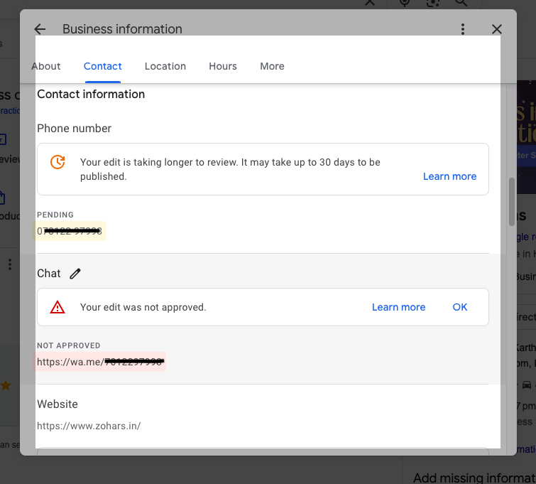 Google Business Profile Phone number and chat not verified