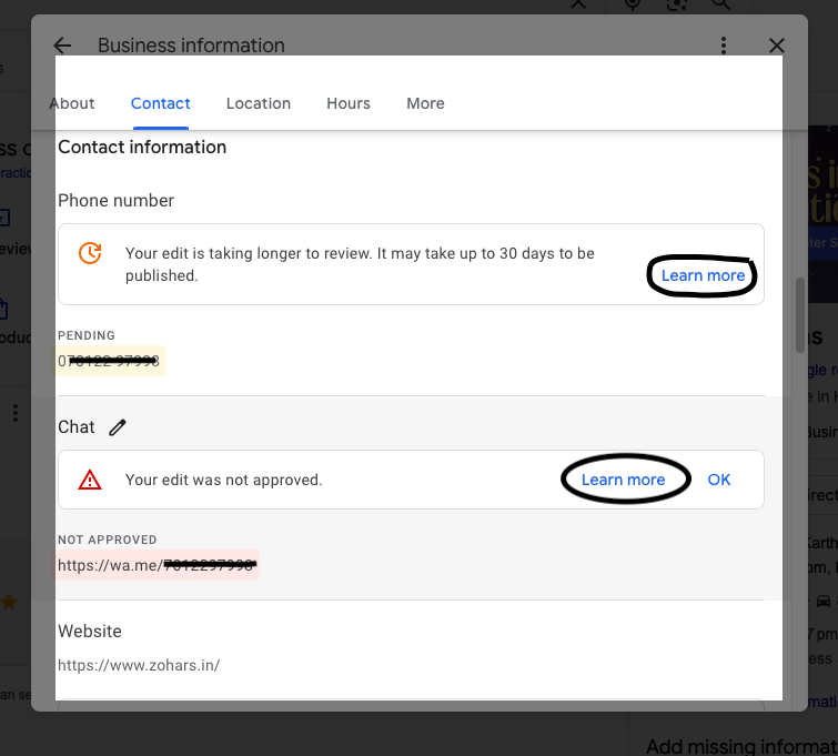 Google Business Profile "learn more" button