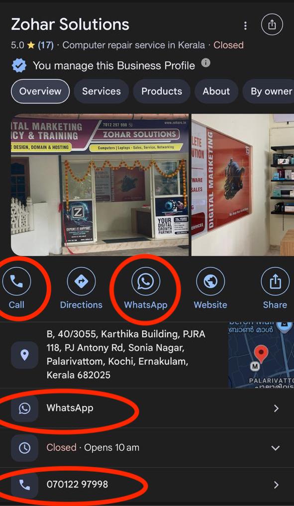 Google Business Profile Successful Profile highlighting Call & Whatsapp verification